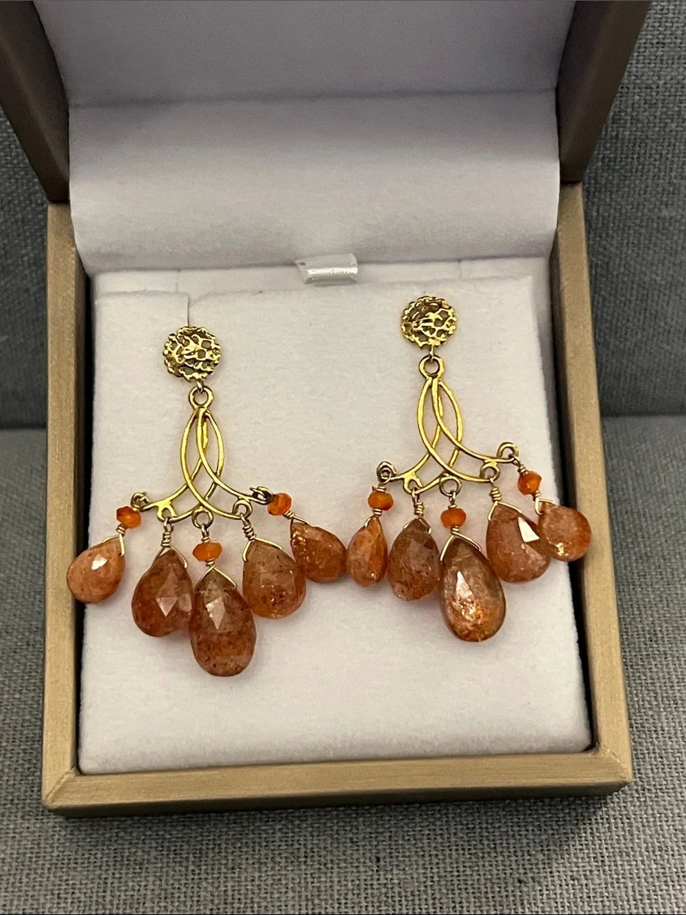 Gold Drop Earrings with Orange Gem Sunstone Teardrops - Picture 2 of 5